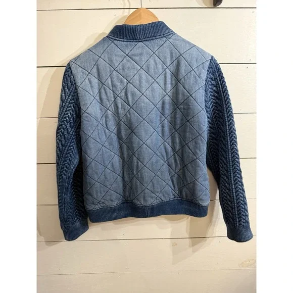 Anthropologie Cloth & Stone Bomber Jacket Small Denim Blue Chambray Zip Puffer - Picture 4 of 10